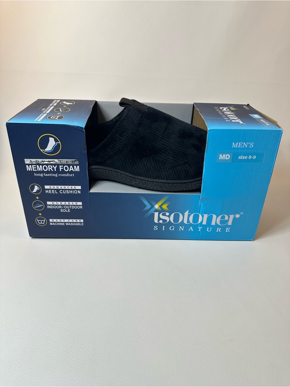 NEW in Box Men’s Isotoner Signature Advanced Memory Foam Slipper Black SZ MD 8/9